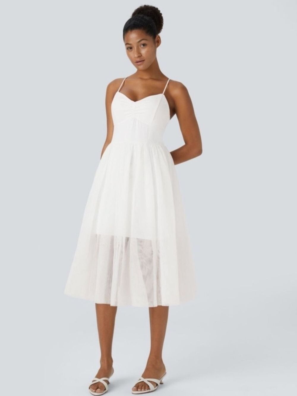 Halara V Neck Ruched Lace Up Contrast Mesh Midi Dress in White